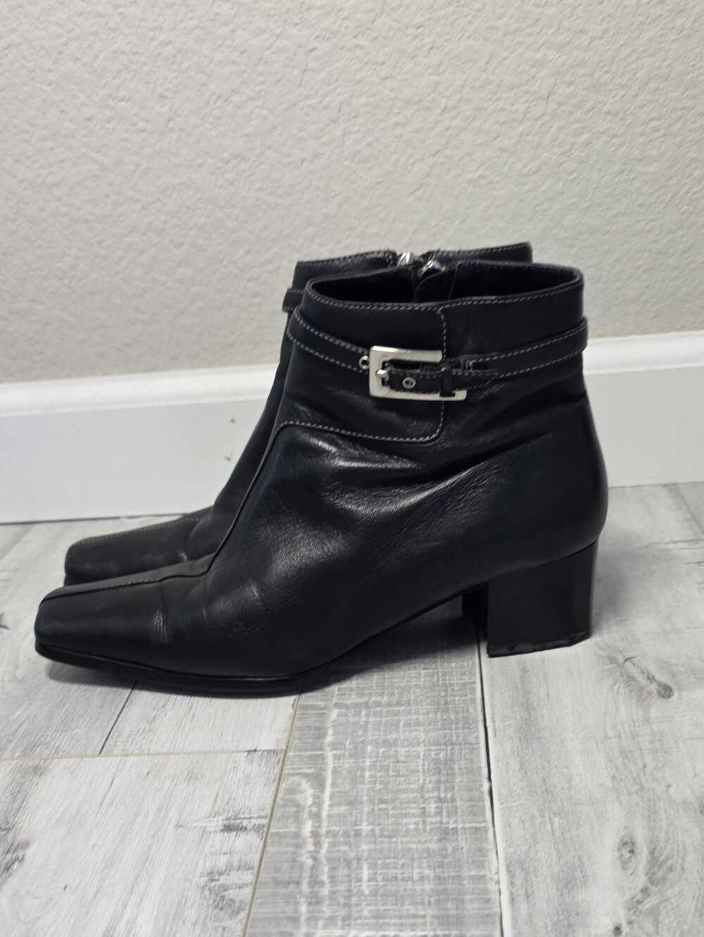 Apostrophe Black Leather Ankle Boots with Buckle Accent Size 6